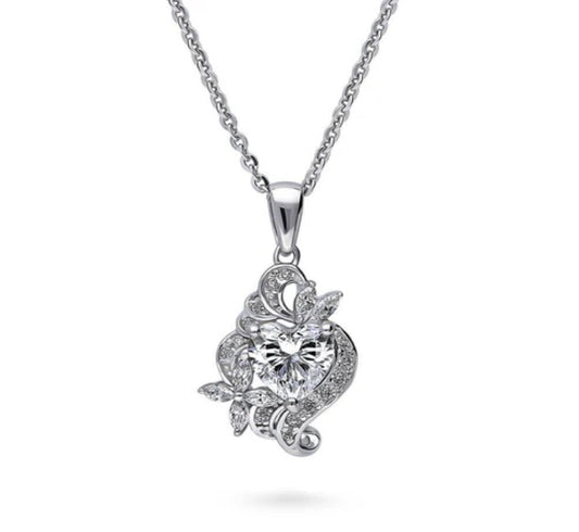 Heart Flower CZ Pendant Necklace in Sterling Silver