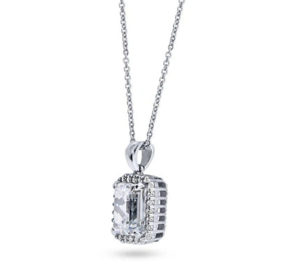 Halo Emerald Cut CZ Pendant Necklace in Sterling Silver