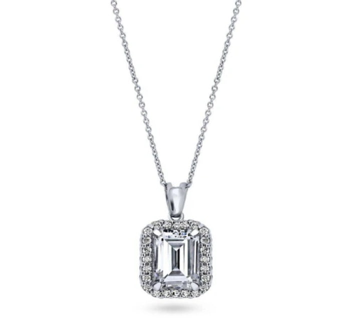Halo Emerald Cut CZ Pendant Necklace in Sterling Silver