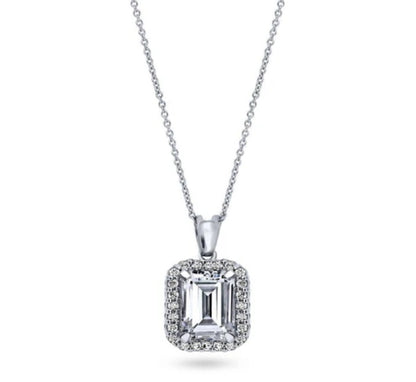 Halo Emerald Cut CZ Pendant Necklace in Sterling Silver