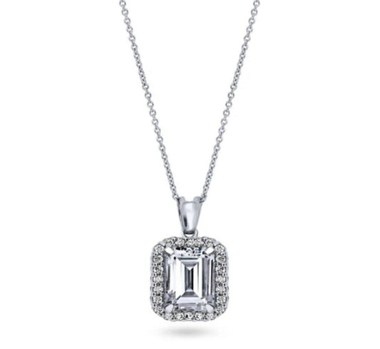 Halo Emerald Cut CZ Pendant Necklace in Sterling Silver