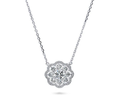 Flower Halo CZ Pendant Necklace in Sterling Silver