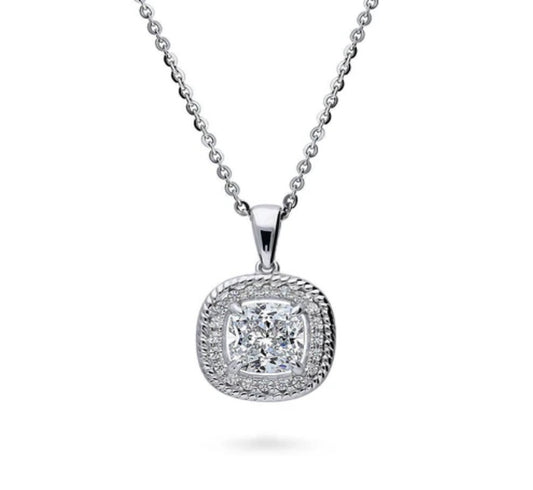 Halo Woven Cushion CZ Pendant Necklace in Sterling Silver