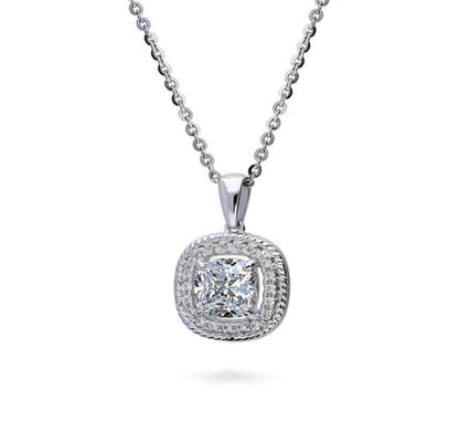 Halo Woven Cushion CZ Pendant Necklace in Sterling Silver