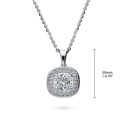 Halo Woven Cushion CZ Pendant Necklace in Sterling Silver