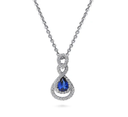 Teardrop Simulated Blue Sapphire CZ Pendant Necklace in Sterling Silver