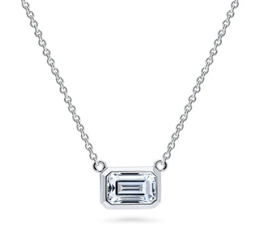 Solitaire 1ct Bezel Set Emerald Cut CZ Necklace in Sterling Silver