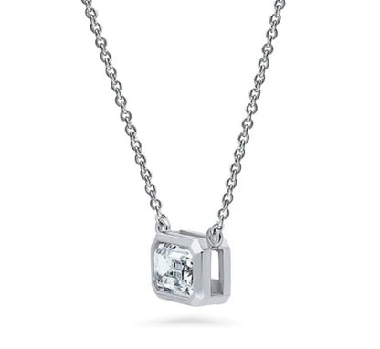 Solitaire 1ct Bezel Set Emerald Cut CZ Necklace in Sterling Silver