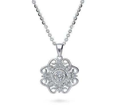 Flower Halo CZ Pendant Necklace in Sterling Silver