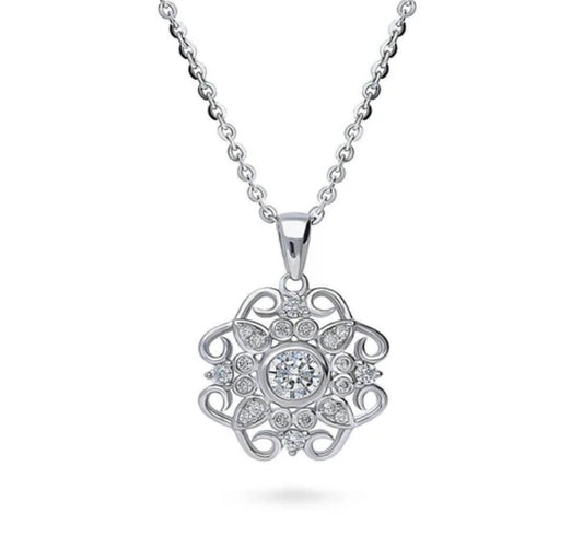 Flower Halo CZ Pendant Necklace in Sterling Silver