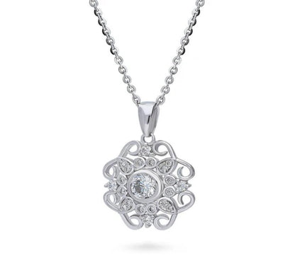 Flower Halo CZ Pendant Necklace in Sterling Silver