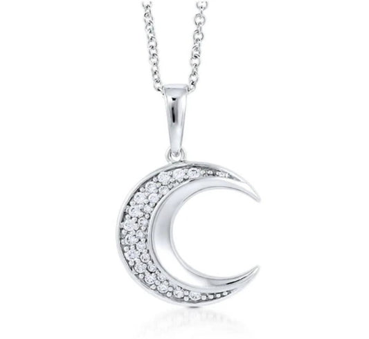 Crescent Moon CZ Pendant Necklace in Sterling Silver