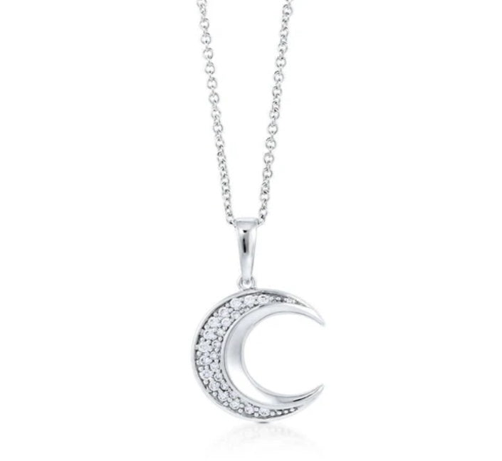 Crescent Moon CZ Pendant Necklace in Sterling Silver