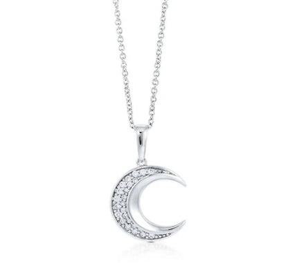 Crescent Moon CZ Pendant Necklace in Sterling Silver