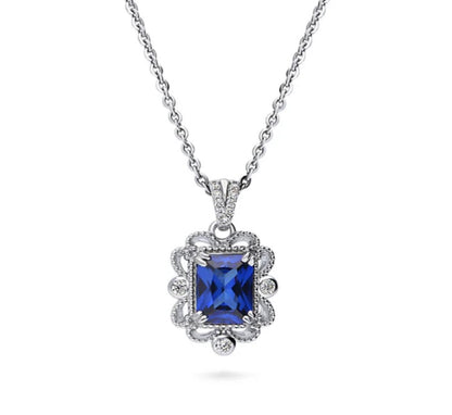 Milgrain Simulated Blue Sapphire CZ Pendant Necklace in Sterling Silver