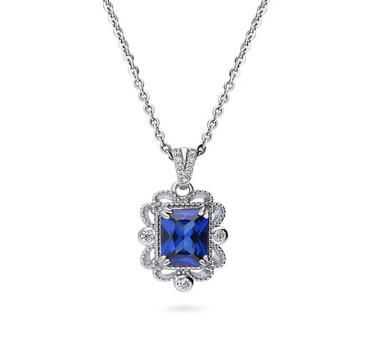 Milgrain Simulated Blue Sapphire CZ Pendant Necklace in Sterling Silver