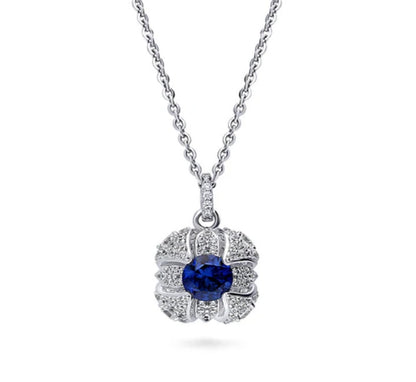 Square Simulated Blue Sapphire CZ Pendant Necklace in Sterling Silver