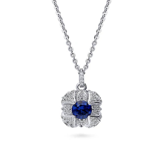 Square Simulated Blue Sapphire CZ Pendant Necklace in Sterling Silver