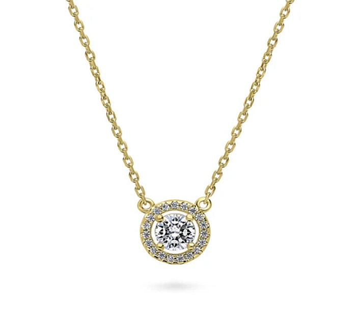 Halo Round CZ Pendant Necklace in Gold Flashed Sterling Silver