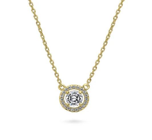 Halo Round CZ Pendant Necklace in Gold Flashed Sterling Silver