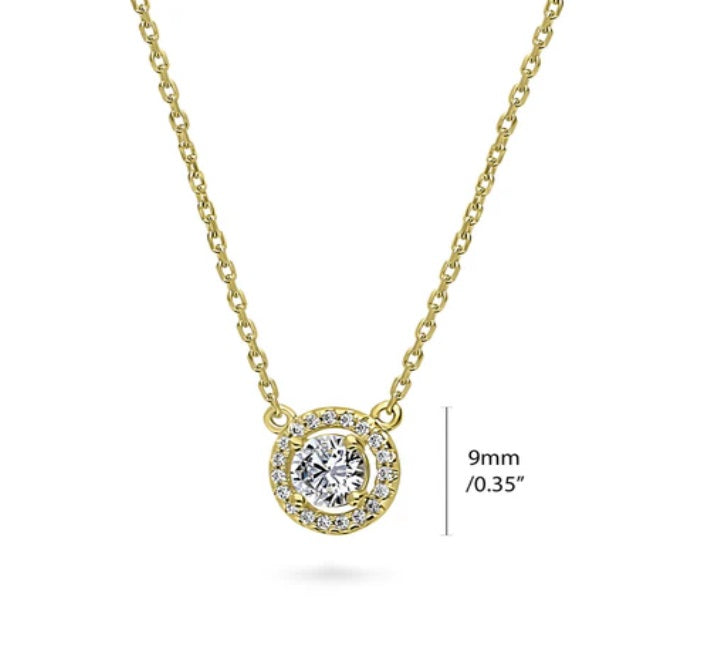 Halo Round CZ Pendant Necklace in Gold Flashed Sterling Silver