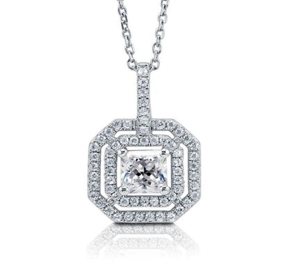 Halo Princess CZ Pendant Necklace in Sterling Silver