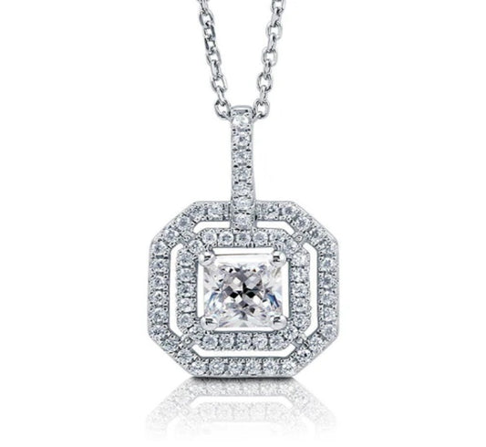 Halo Princess CZ Pendant Necklace in Sterling Silver