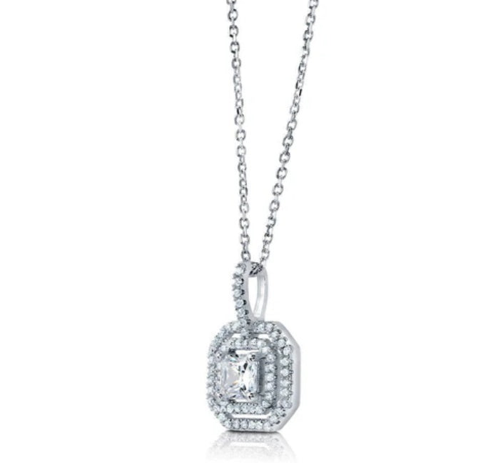 Halo Princess CZ Pendant Necklace in Sterling Silver