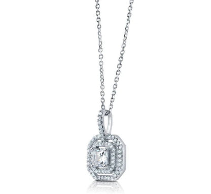 Halo Princess CZ Pendant Necklace in Sterling Silver