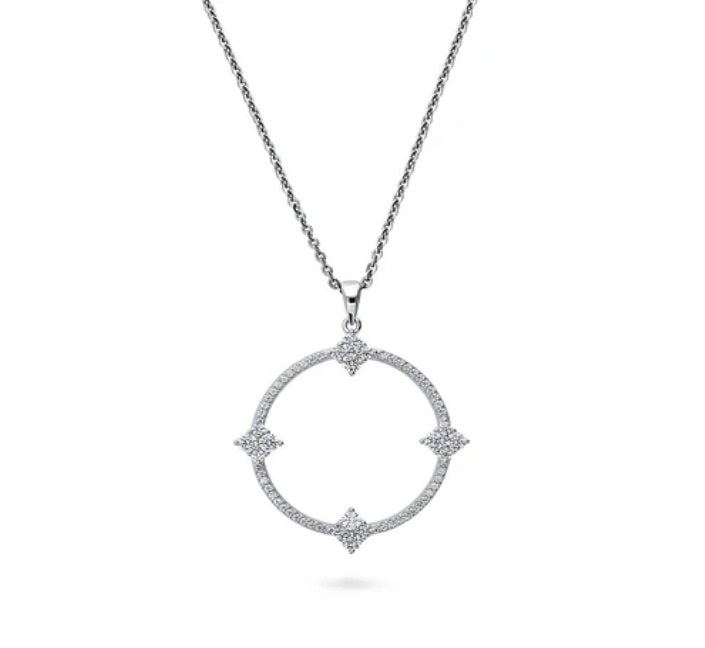 Open Circle Flower CZ Pendant Necklace in Sterling Silver