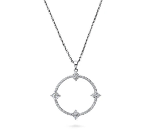 Open Circle Flower CZ Pendant Necklace in Sterling Silver