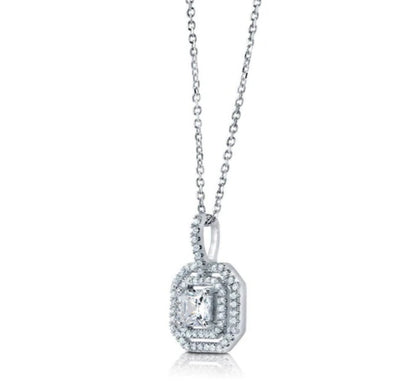 Halo Princess CZ Pendant Necklace in Sterling Silver