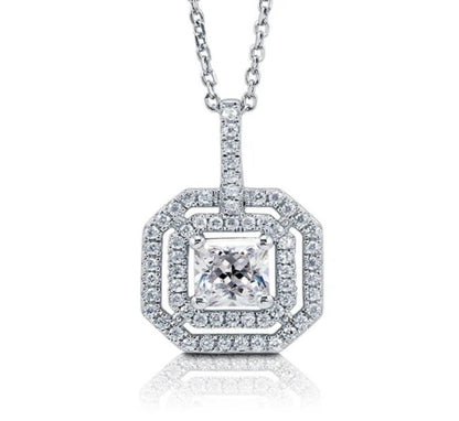 Halo Princess CZ Pendant Necklace in Sterling Silver