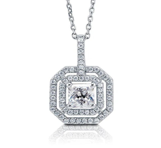 Halo Princess CZ Pendant Necklace in Sterling Silver