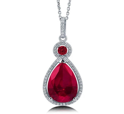 Halo Simulated Ruby Pear CZ Pendant Necklace in Sterling Silver