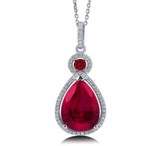 Halo Simulated Ruby Pear CZ Pendant Necklace in Sterling Silver