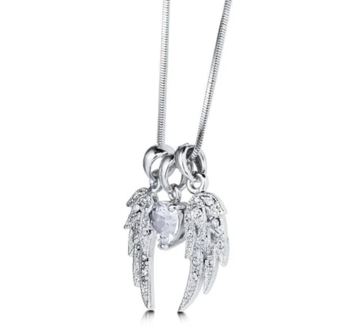 Angel Wings CZ Pendant Necklace in Silver-Tone