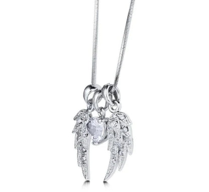 Angel Wings CZ Pendant Necklace in Silver-Tone