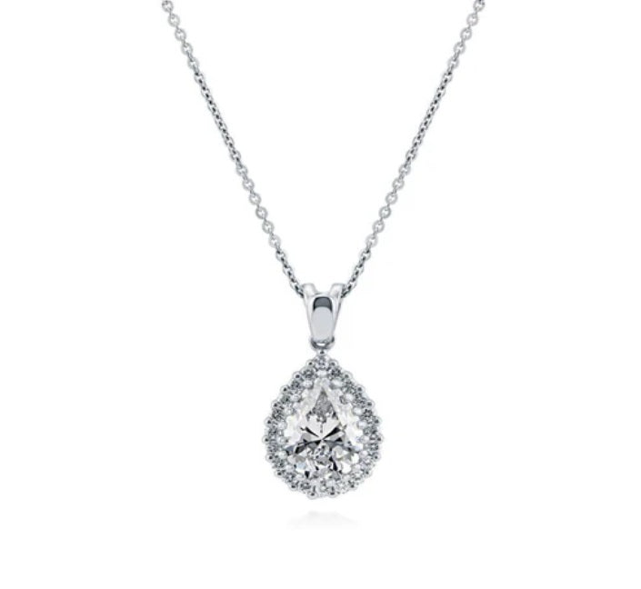 Halo Pear CZ Pendant Necklace in Sterling Silver
