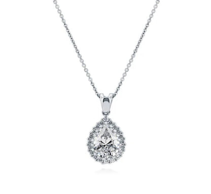 Halo Pear CZ Pendant Necklace in Sterling Silver