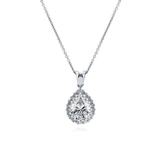Halo Pear CZ Pendant Necklace in Sterling Silver