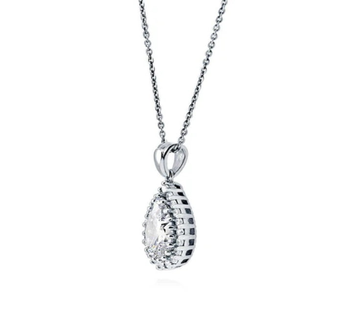 Halo Pear CZ Pendant Necklace in Sterling Silver