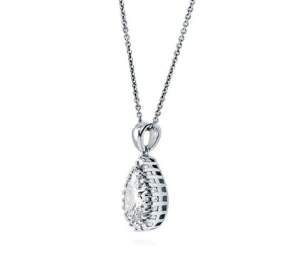 Halo Pear CZ Pendant Necklace in Sterling Silver