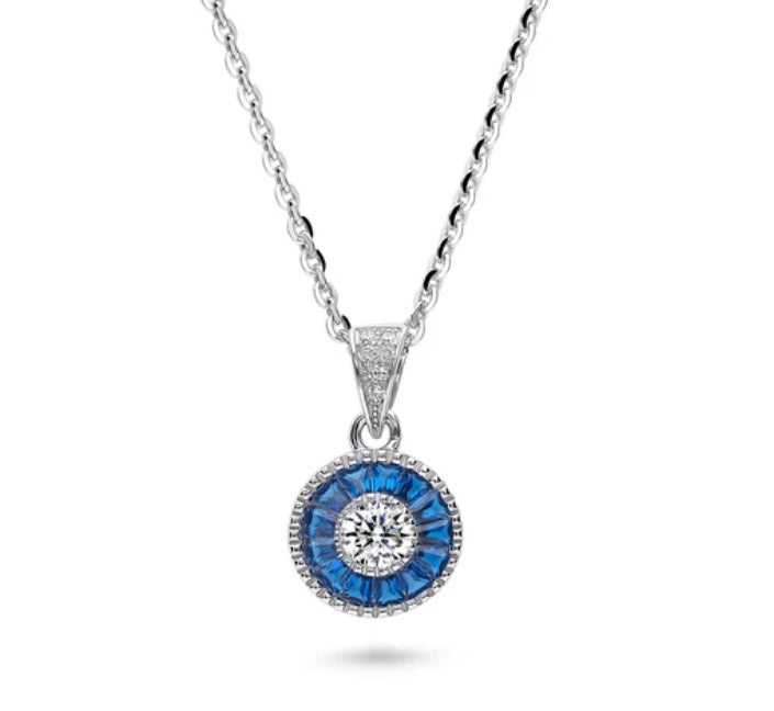 Halo Art Deco Round CZ Pendant Necklace in Sterling Silver