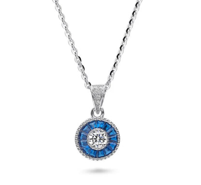 Halo Art Deco Round CZ Pendant Necklace in Sterling Silver