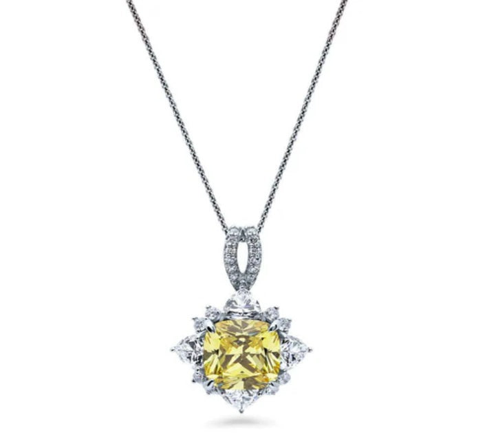 Halo Flower Canary Cushion CZ Necklace in Sterling Silver