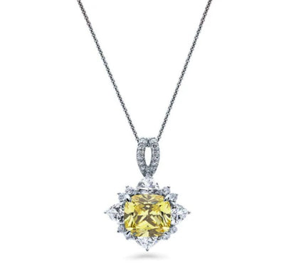 Halo Flower Canary Cushion CZ Necklace in Sterling Silver