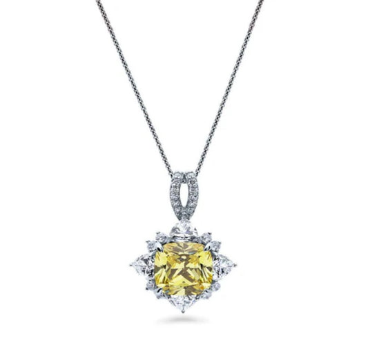 Halo Flower Canary Cushion CZ Necklace in Sterling Silver