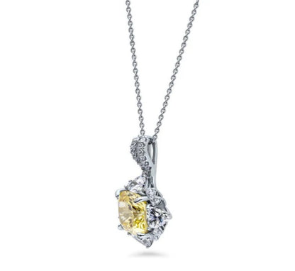 Halo Flower Canary Cushion CZ Necklace in Sterling Silver