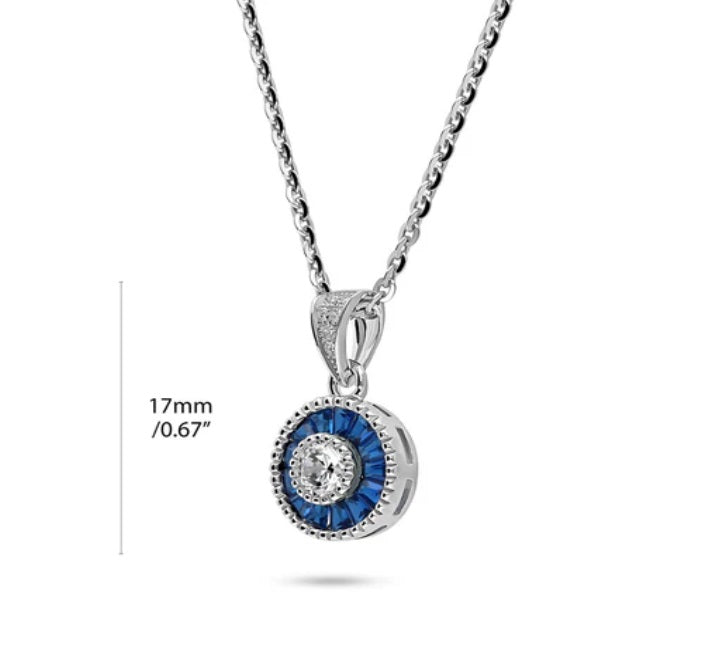Halo Art Deco Round CZ Pendant Necklace in Sterling Silver